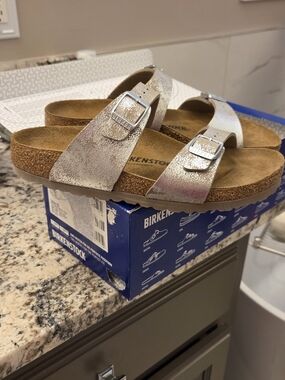 Birkenstock Metallic Silver Sydney Slides Size 38